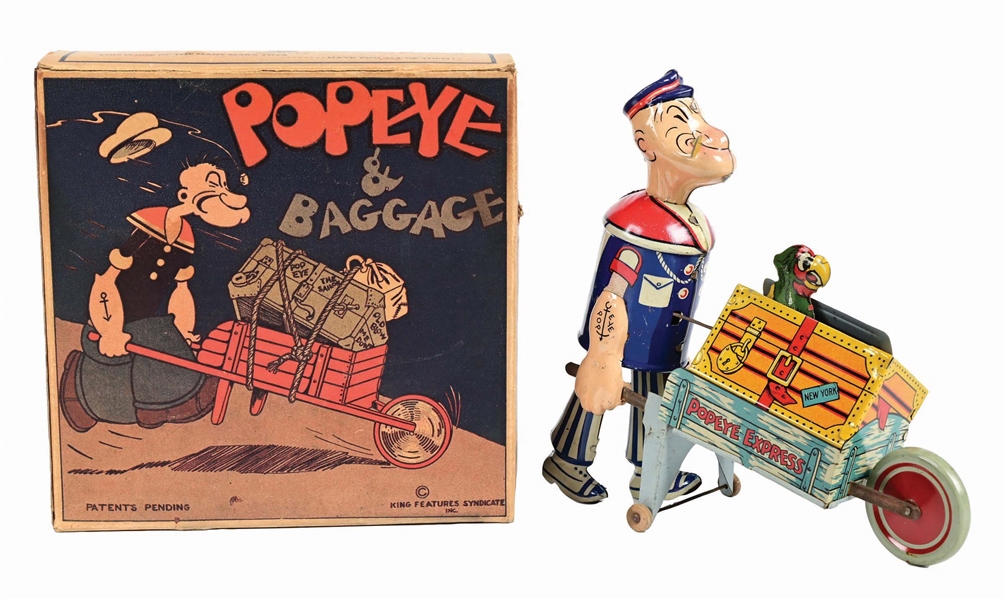 MARX TIN LITHO WIND-UP POPEYE & BAGGAGE CART IN SCARCE ORIGINAL BOX