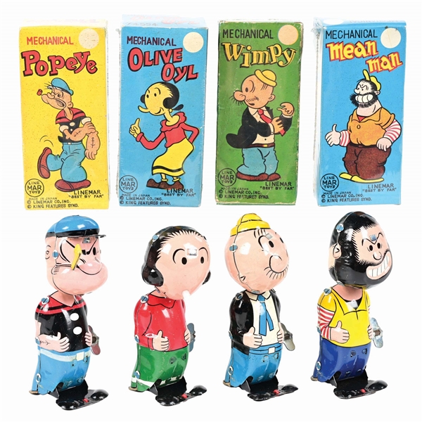 COMPLETE SET OF 4 LINEMAR TIN LITHO WIND-UP POPEYE, MEAN MAN, OLIVE OYL & WIMPY CHARACTER HOPPERS