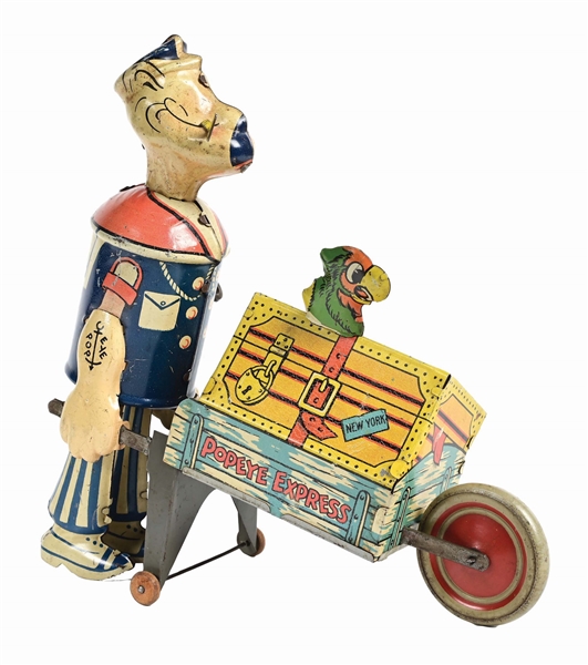 MARX TIN LITHO WIND-UP POPEYE & BAGGAGE CART TOY