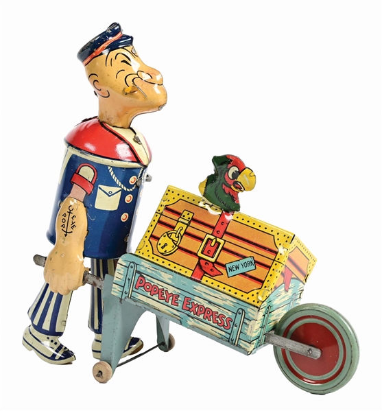 MARX TIN LITHO WIND-UP POPEYE & BAGGAGE CART TOY