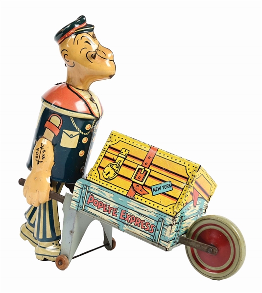 MARX TIN LITHO WIND-UP POPEYE & BAGGAGE CART TOY