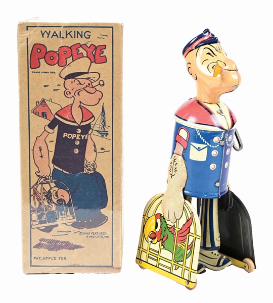 MARX TIN LITHO WIND-UP WALKING POPEYE W/ SALTY THE PARROT IN ORIGINAL BOX