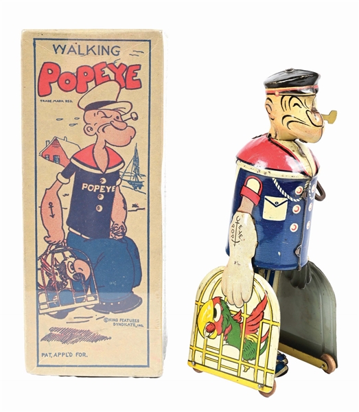 MARX TIN LITHO WIND-UP WALKING POPEYE W/ SALTY THE PARROT IN ORIGINAL BOX