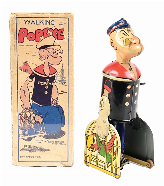 MARX TIN LITHO WIND-UP WALKING POPEYE W/ SALTY THE PARROT IN ORIGINAL BOX