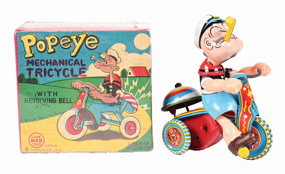 TIN LITHO & CELLULOID LINE MAR POPEYE MECHANICAL TRICYCLE W/ ORIGINAL BOX 