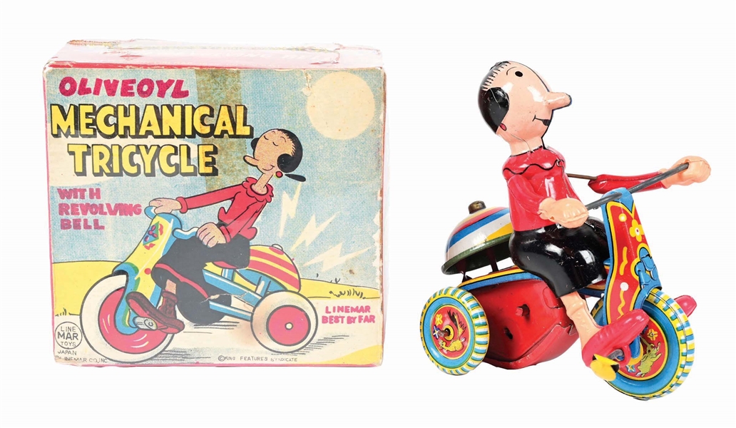 TIN LITHO & CELLULOID LINE MAR OLIVE OYL MECHANICAL TRICYCLE W/ ORIGINAL BOX