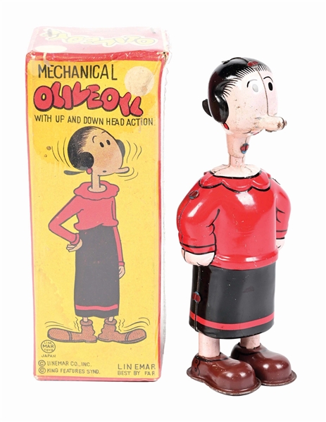 LINE MAR TIN LITHO WIND-UP OLIVE OYL UP & DOWN HEAD TOY W/ SCARCE ORIGINAL BOX