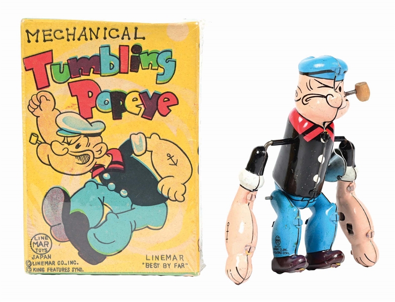 LINE MAR TIN LITHO WIND-UP MECHANICAL TUMBLING POPEYE W/ SCARCE ORIGINAL BOX