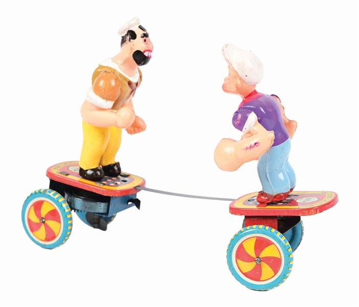 LINE MAR TIN LITHO & CELLULOID POPEYE & MEAN MAN MECHANICAL FIGHTING TOY