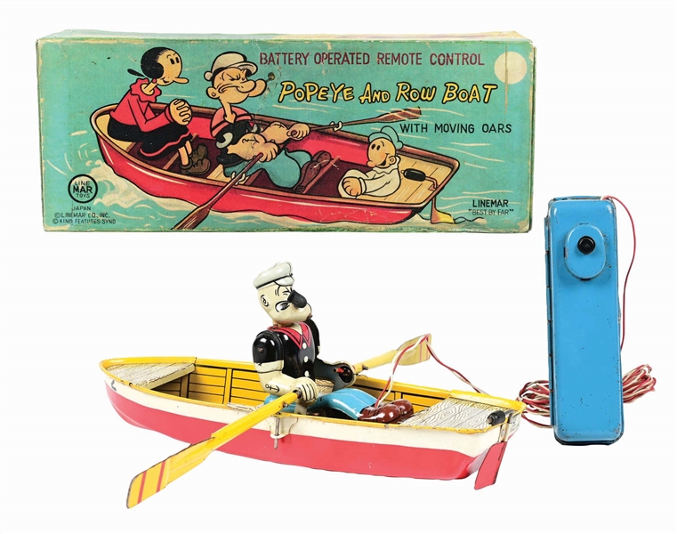 LINE MAR TIN LITHO BATTERY-OPERATED POPEYE & ROW BOAT TOY