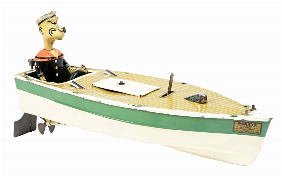 POPEYE IN BOAT WIND-UP TOY W/ KEY & STAND