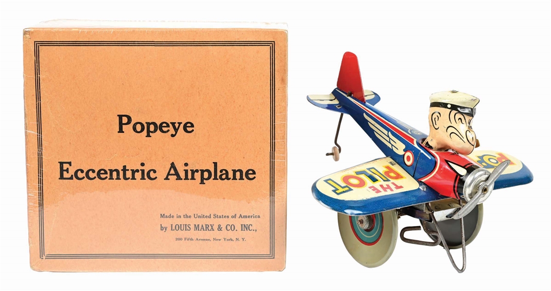 MARX TIN LITHO POPEYE ECCENTRIC WIND-UP AIRPLANE W/ ORIGINAL BOX