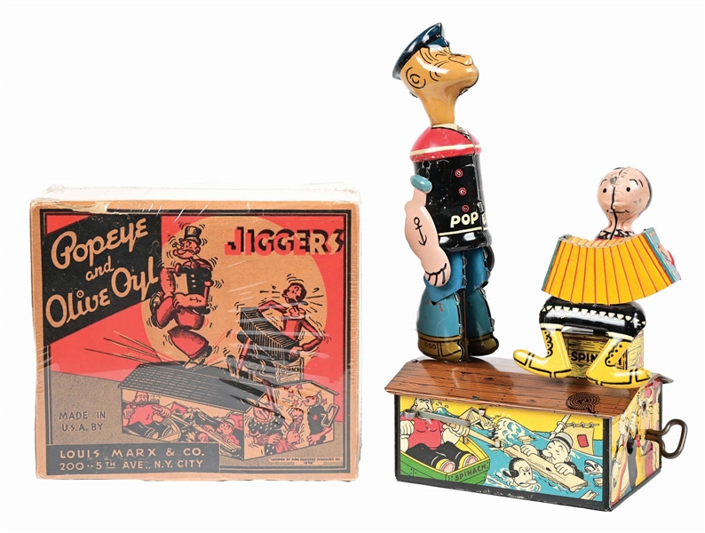 LOT OF 2: POPEYE & OLIVE OYL WIND-UP JIGGERS W/ BOX