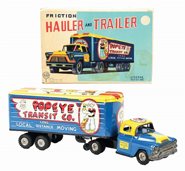 LINE MAR TIN LITHO FRICTION POPEYE TRANSIT CO. HAULER & TRAILER W/ SCARCE ORIGINAL BOX