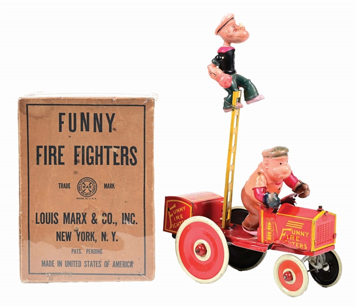 TIN LITHO & CELLULOID WIND-UP POPEYE FUNNY FIRE FIGHTERS TOY W/ ORIGINAL BOX