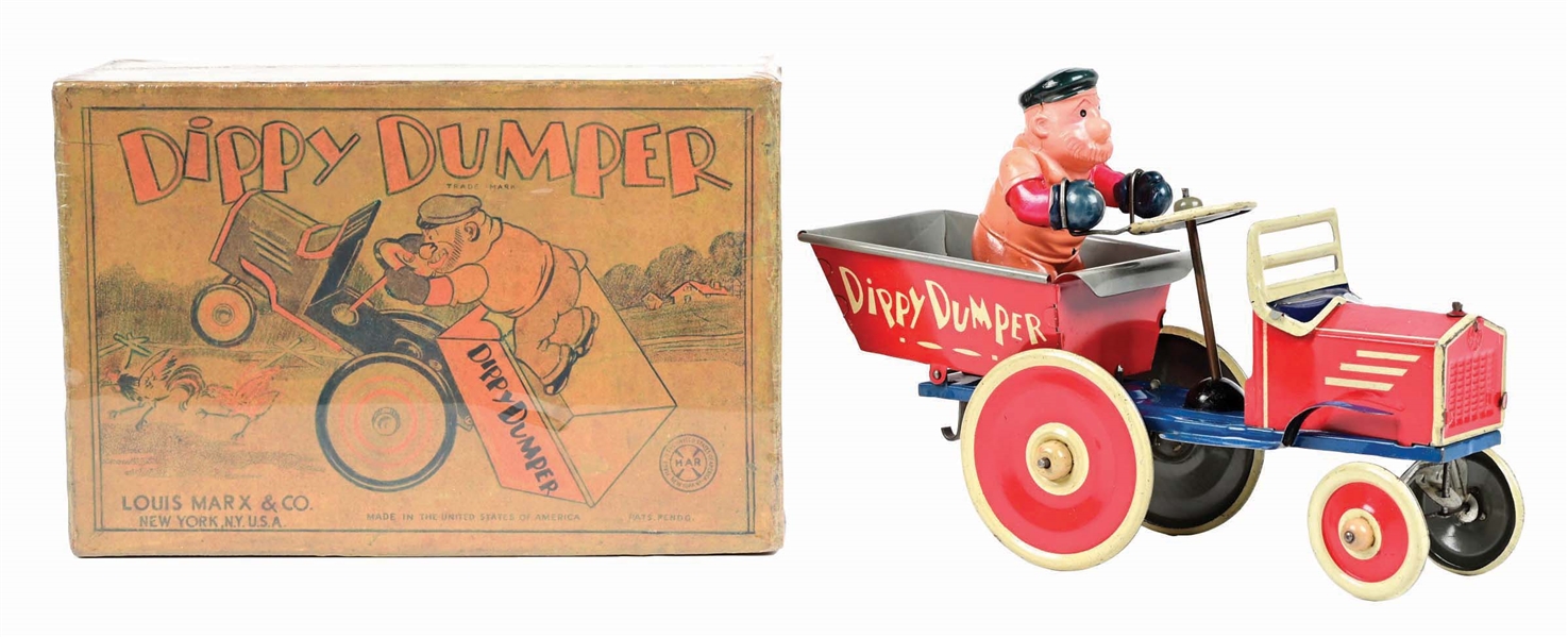 MARX TIN LITHO & CELLULOID WIND-UP BLUTO DIPPY DUMPER TOY W/ ORIGINAL BOX