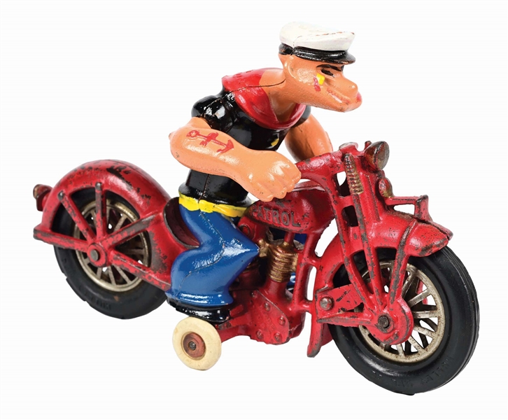 CAST IRON HUBLEY POPEYE PATROL ON MOTORCYCLE W/ FIGURE