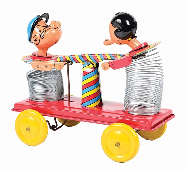 LINE MAR TIN LITHO POPEYE & OLIVE OYL STRETCHY HAND CAR TOY  