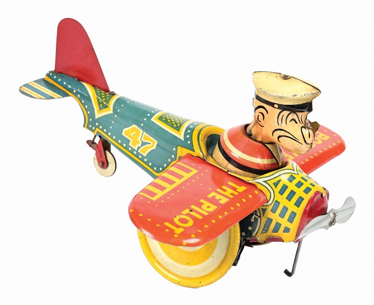 MARX TIN LITHO WIND-UP POPEYE THE PILOT AEROPLANE 