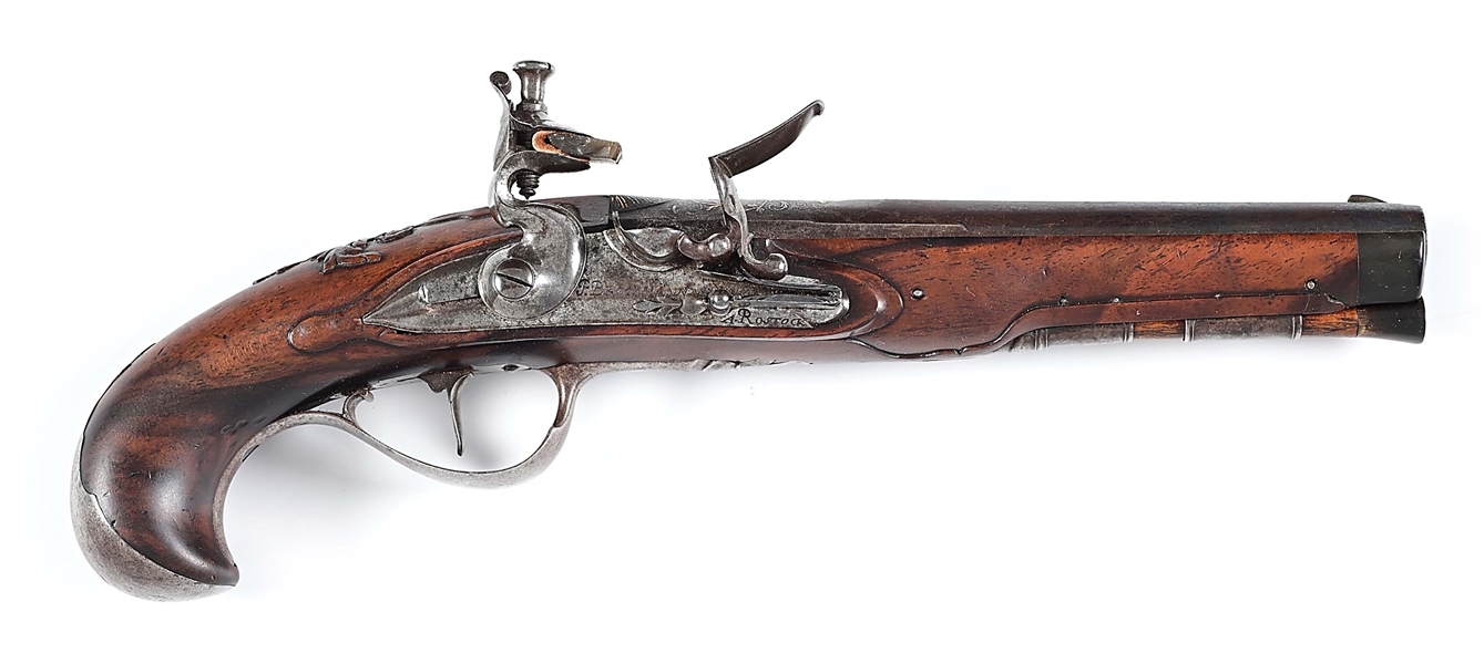 (A) FLINTLOCK PISTOL WITH A FRENCH BARREL BY CHASTEAU AND A GERMAN LOCK BY BROCKMAN.