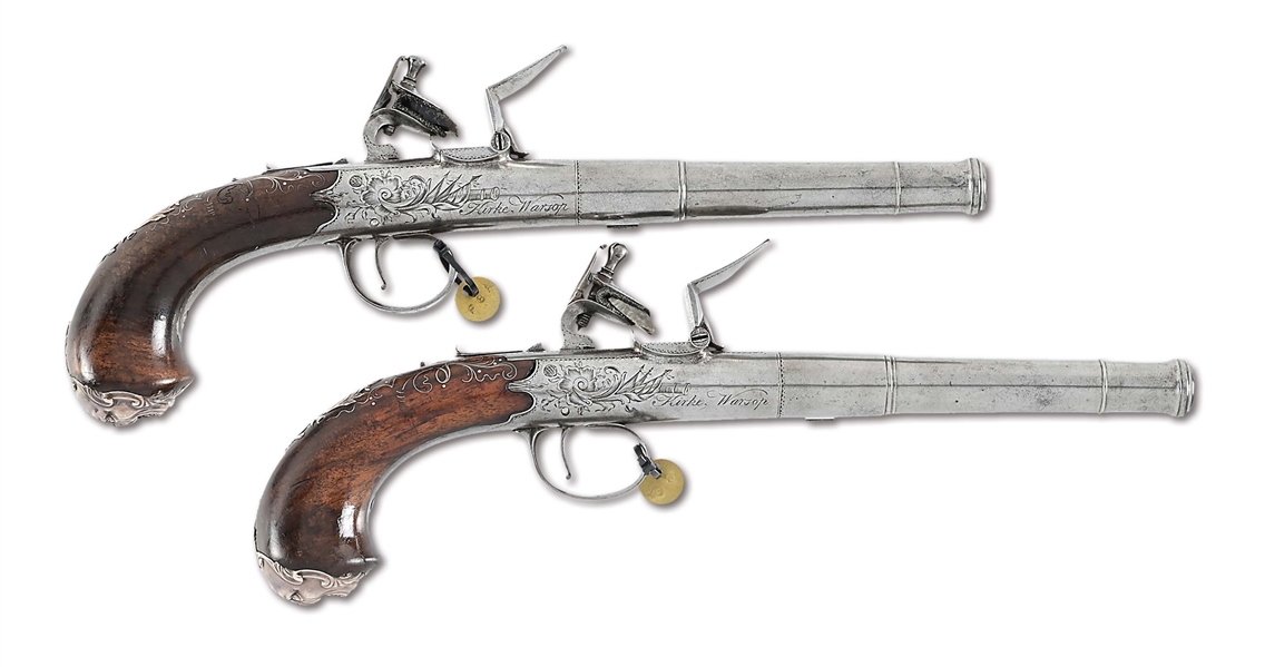 (A) LARGE PAIR OF KIRKE WARSOP QUEEN ANNE FLINTLOCK PISTOLS