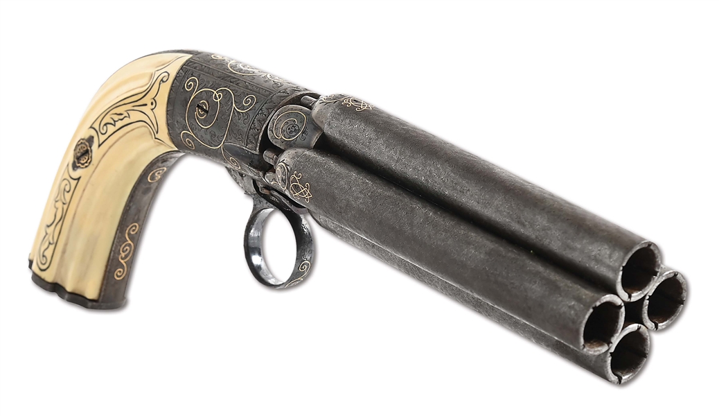 (A) FINE CASED ENGRAVED AND GOLD INLAID PERCUSSION PEPPERBOX BY M.J. CHAUMONT.