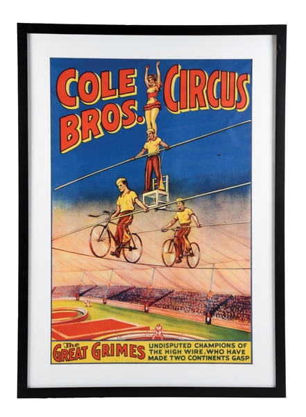 COLE BROS. CIRCUS PAPER LITHOGRAPHED POSTER W/ HIGH WIRE ACT GRAPHIC