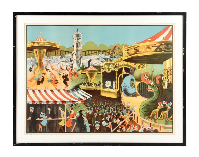 EUROPEAN PAPER LITHOGRAPHED CARNIVAL POSTER W/ CARNIVAL RIDE GRAPHICS