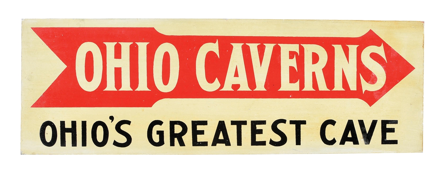 OHIO CAVERNS PAINTED TIN SIGN W/ ARROW GRAPHIC