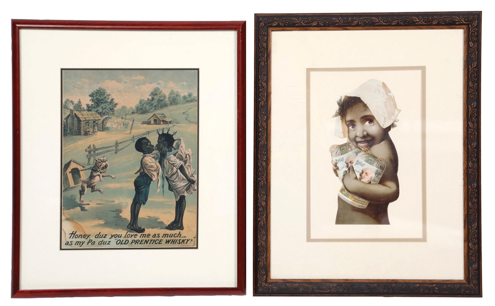 COLLECTION OF 2 WHISKEY AND TOBACCO PAPER LITHOGRAPHED W/ BLACK AMERICANA GRAPHICS