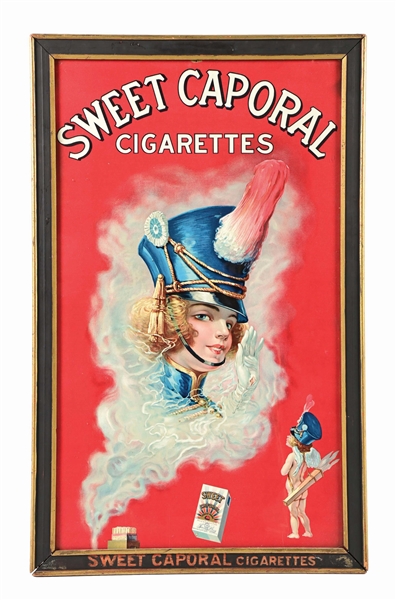 SWEET CAPORAL CIGARETTES CARDBOARD SIGN IN ORIGINAL WOOD FRAME