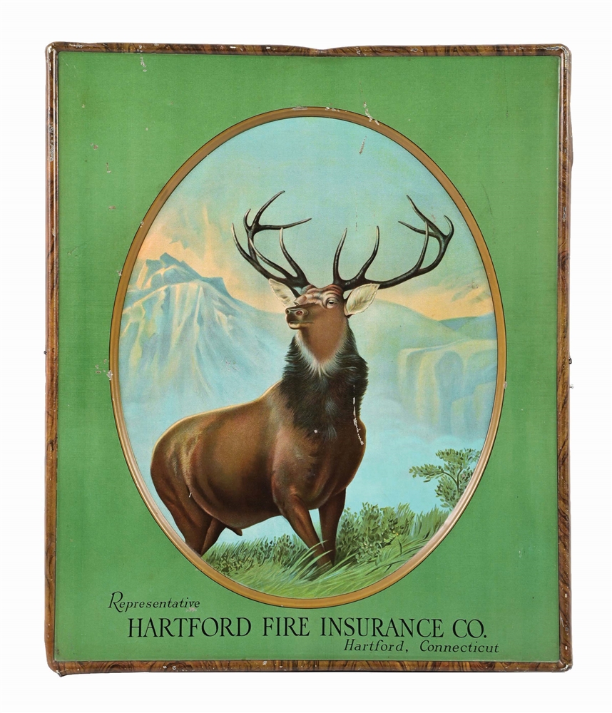 HARTFORD FIRE INSURANCE CO. SELF-FRAMED TIN LITHOGRAPH SIGN