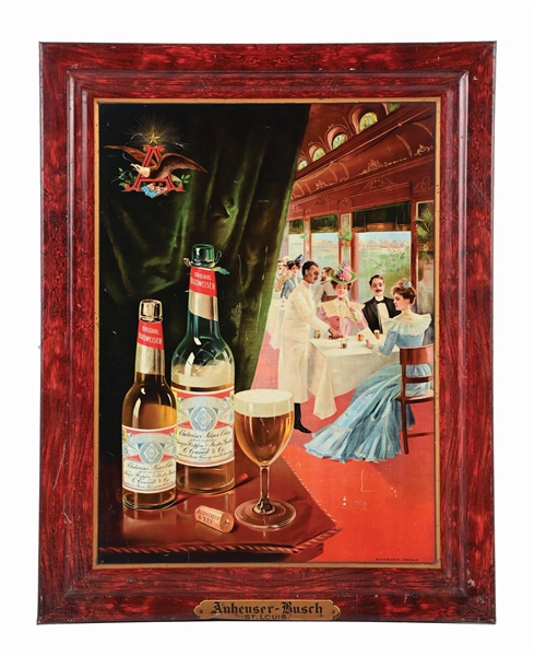 ANHEUSER-BUSCH BUDWEISER LAGER BIER SELF-FRAMED TIN LITHOGRAPH SIGN