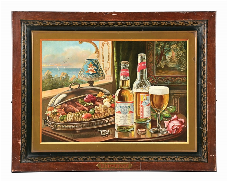 ANHEUSER-BUSCH BUDWEISER LAGER BEER CARL CONRAD & CO. SELF-FRAMED TIN LITHOGRAPH SIGN