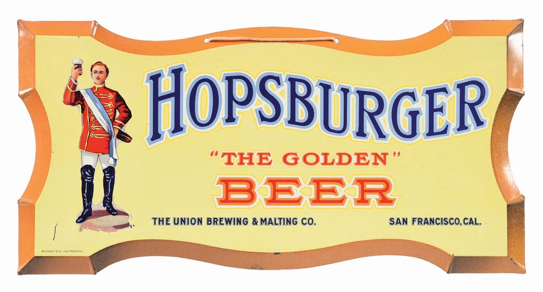 THE UNION BREWING & MALTING CO. HOPSBURGER BEER TIN HANGING SIGN