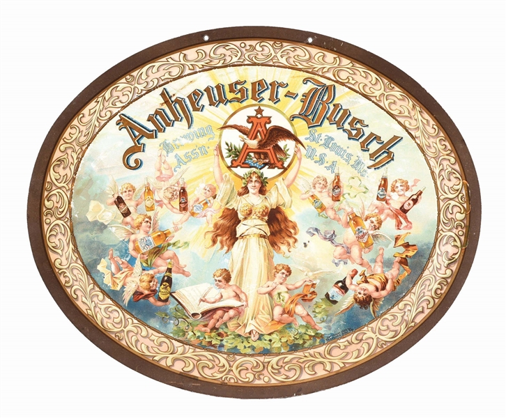 ANHEUSER-BUSCH CHERUB HANGING TIN SIGN