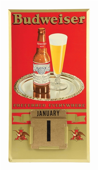 BUDWEISER BEER TIN OVER CARDBOARD CALENDAR SIGN