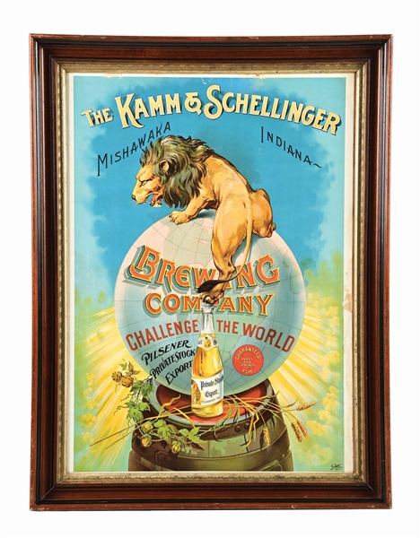 KAMM & SCHELLINGER BREWING CO. LION ON GLOBE LITHOGRAPH PAPER SIGN