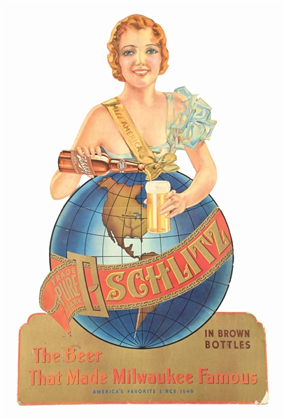 SCHLITZ BEER MISS AMERICA DIE-CUT CARDBOARD LITHOGRAPH SIGN