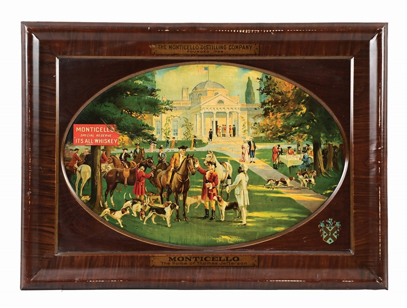 THE MONTICELLO DISTILLING CO. SELF-FRAMED TIN LITHOGRAPH SIGN