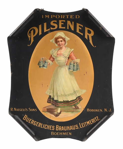 R. NAEGELIS SONS BUERGERLICHES BRAUHAUS, LEITZMERITZ ROLLED EDGE TIN LITHOGRAPH