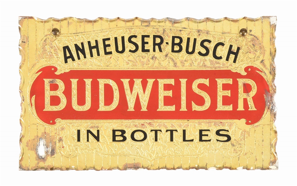 ANHEUSER-BUSCH BUDWEISER IN BOTTLES PINCHED EDGE REVERSE GLASS HANGING SIGN