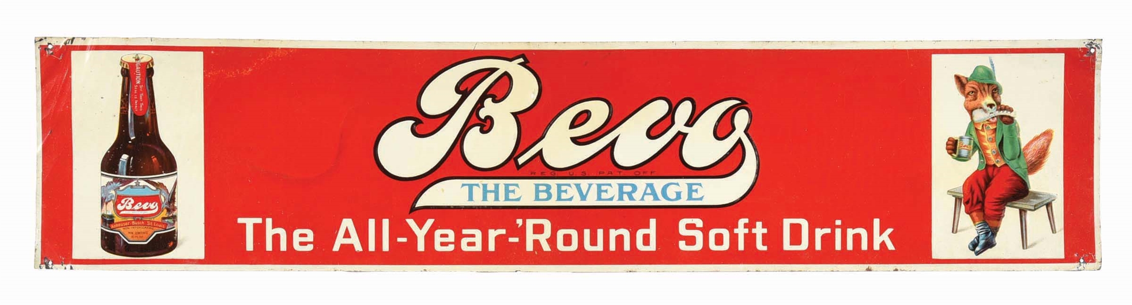 BEVO THE BEVERAGE TIN LITHO FOX SIGN