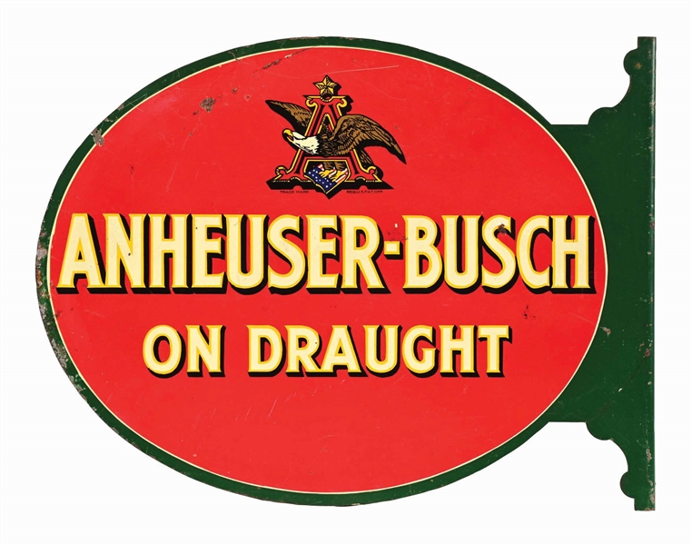 ANHEUSER-BUSCH ON DRAUGHT DOUBLE SIDED METAL FLANGE SIGN