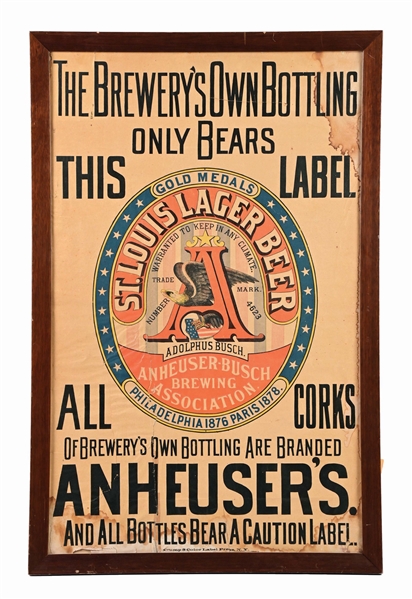 ANHEUSER-BUSCH ST. LOUIS LAGER BEER HEAVY PAPER SIGN