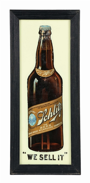 SCHLITZ BEER REVERSE GLASS LABELED BOTTLE SIGN