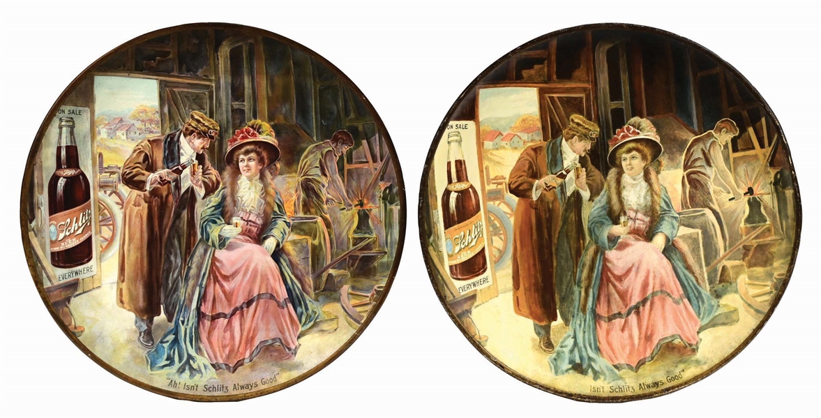 PAIR OF SCHLITZ BEER TIN LITHOGRAPH CHARGERS