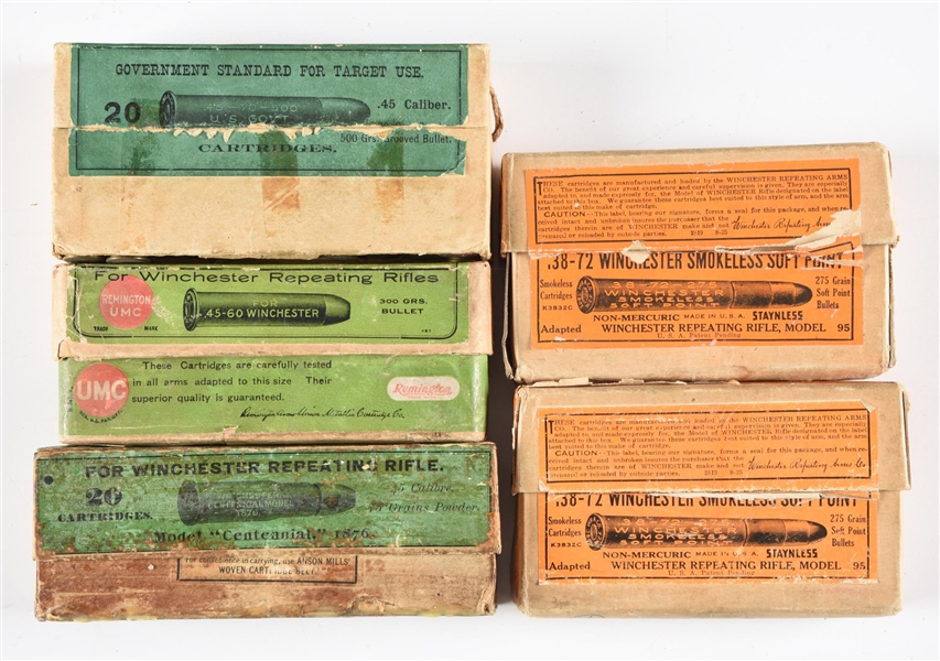 LOT OF 5: BOXES OF ANTIQUE RIFLE AMMUNITION.