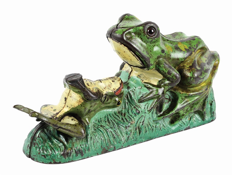 J. & E. STEVENS TWO FROGS CAST IRON MECHANICAL BANK