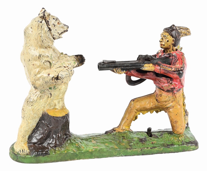 J. & E. STEVENS INDIAN & BEAR CAST IRON MECHANICAL BANK